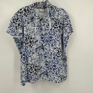 Chicos Weekends‎ Womens Blue White Boho Tile Print Hooded Tunic Top Size 3 US XL